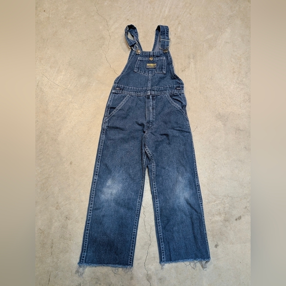 VTG OshKosh Vestback Denim Overalls Girls 6? USA Made Cut Off Raw Hem